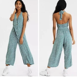 American Eagle Green White Ditsy Floral Print Halter Jumpsuit Size Small - Picture 1 of 7