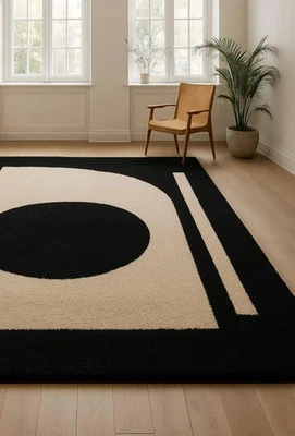 Black & Ivory Modern Wool Carpet  Handmade Tufted Rug Living Room - Image 1 of 4