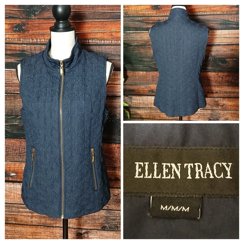 Chaleco Ellen Tracy Talla M Acolchado Azul Marino Cremallera Completa Forrado Dorado Bolsillos con Cremallera  Foto 1 de 4