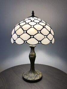 Enjoy Tiffany Style Table Lamp Crystal Bean White Stained Glass Vintage 19”H12”W