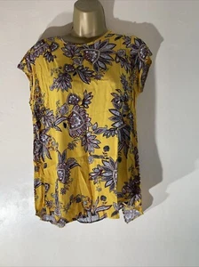 Womens Wallis Uk 10 Yellow Mix Pattern Cap Sleeve Round neck Blouse Shirt Top - Picture 1 of 5