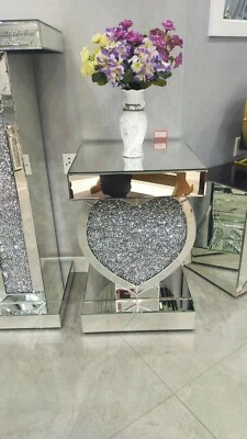 Mirrored Crushed Crystal Diamond Heart Shape Pedestal Table End Table Lamp Table - Image 1 of 4