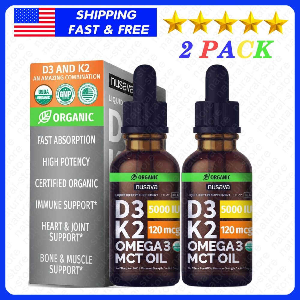 Vitamin D3 K2 Drops w MCT Oil Omega 3, 5000 IU, Unflavored (2 Pack)