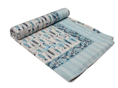 Blue Print Cotton Kantha Quilt Fish Print Handmade Throw Boho Quilt Kantha - Image 1 of 4