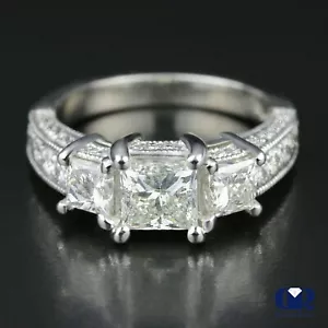 2.65 Carat Princess Cut Diamond Three Stone Engagement Ring In Platinum - Picture 1 of 6