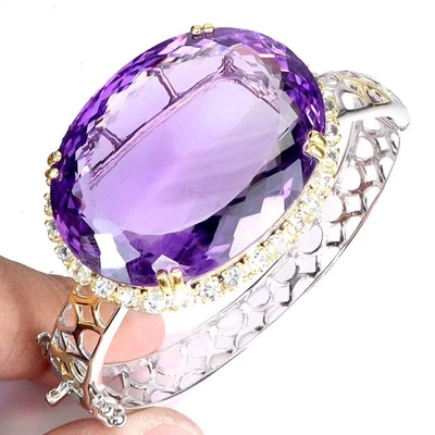 925 Sterling Silver Bangle Oval Amethyst 100ct Topaz Handmade Gemstone Jewelry - Image 1 of 4