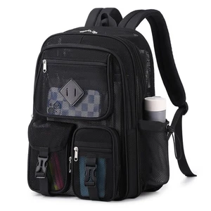 Black Heavy Duty Mesh Backpack, See Through School Net Bookbag, Beach Swim Bag - Picture 1 of 8