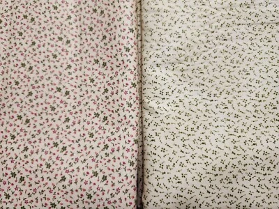 Lot (2) 3 Yard Cuts Small FLORAL Pink Buds Green Flowers Sprig Tan Cotton Fabric - Image 1 of 3