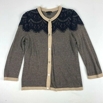 Ann Taylor Sz S Tan Black Lace 3/4 Sleeve Crew Neck Button Cardigan Sweater - Image 1 of 4