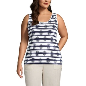 NWT Lands End Women's Cotton Tank Top 100% Cotton White Stripes Dark Pink Blush - Picture 1 of 17