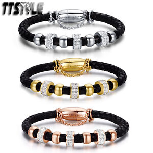 TTstyle S.Steel Swarovski Crystal Bead 5mm Black Bracelet Wristband safe chain