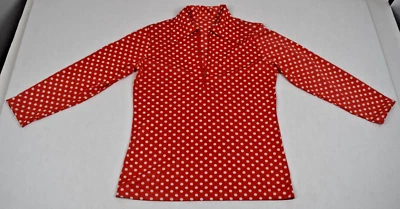 Vintage Polka Dot Shirt Size S/M 70s Cherry Red White Dots Silky Flowy Zip Front - Image 1 of 4