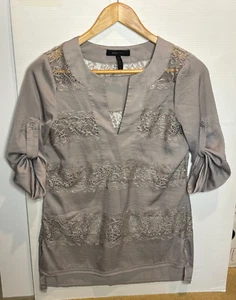 BCBG Max Azria Sheer Lace 3/4 Roll Tab Sleeve Gray Silver Tunic Blouse Top XS - Picture 1 of 4