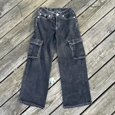 Pantalones de mezclilla cargo True Religion pierna ancha negro y rosa costuras logotipo niñas talla 10 Foto 1 de 4