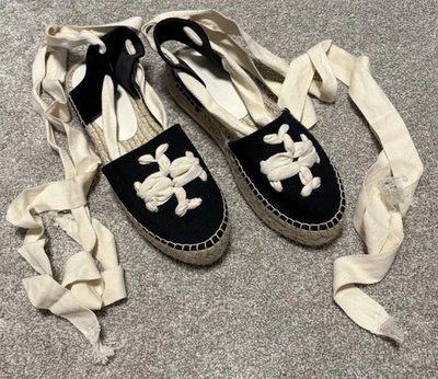 Sandalias Tory Burch Tejidas Doble T Alpargata Negro Algodón Tobillo Mujer 9M Foto 1 de 4