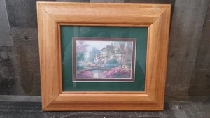Carl Valente River Front Cottage Floral Garden Bridge Wood Framed Print 14"X12" - Picture 1 of 4