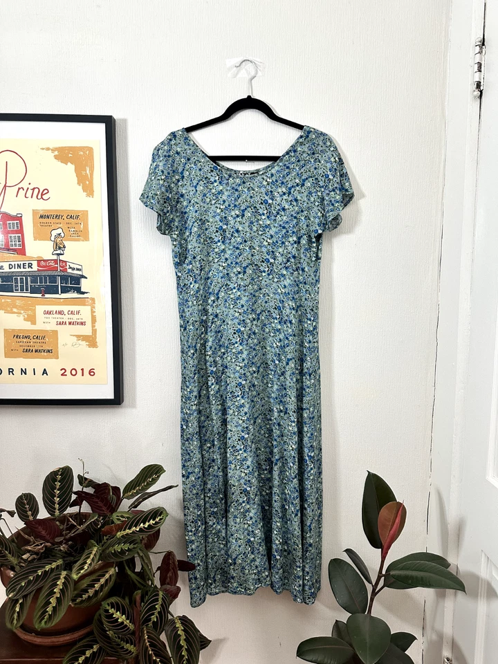 复古 20 世纪 90 年代 All That Jazz 蓝色花卉长裙 - 人造丝,帽袖,花朵 — 第 1/4 张图片