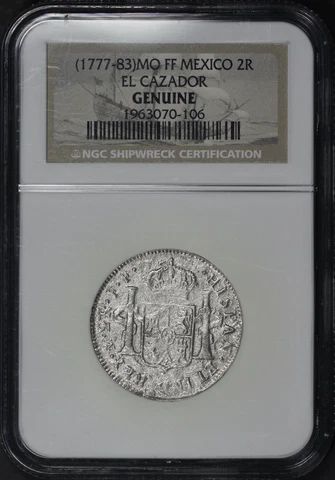 (1777-83)-Mo FF Mexico Silver 2 Reales NGC Genuine El Cazador Shipwreck Cover