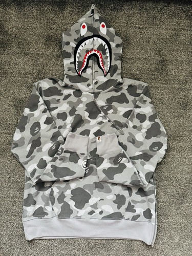 A BATHING APE (BAPE) FELPA CON CAPPUCCIO FULL ZIP BAPE HONEYCOMB CAMO SHARK grigia A Bathing Ape taglia XL autentica