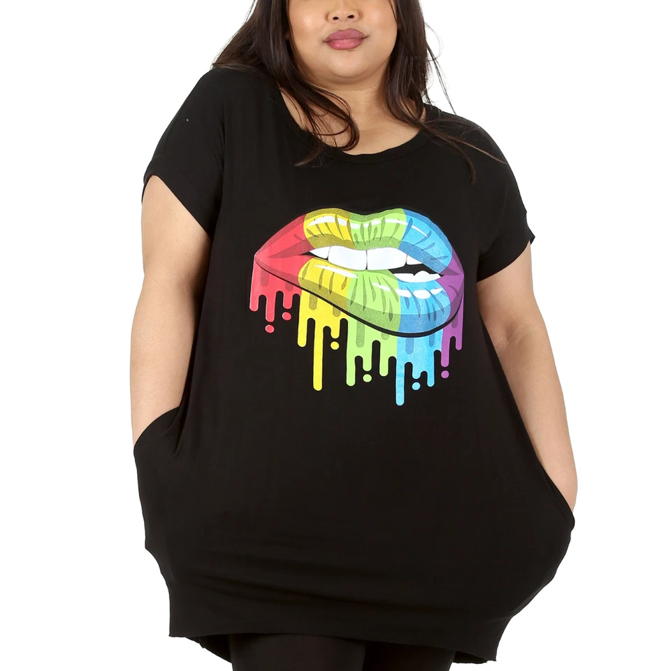 New Women Plus Size T-Shirt Top Rainbow Dripping Lips Multicolored Side Pockets - Image 1 of 1