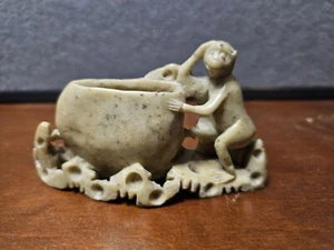 Carved Stone Monkey With Soup Stew Pot Marked China - Picture 1 of 6