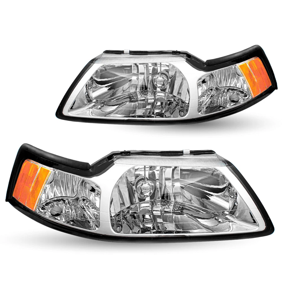 For 1999-2004 Ford Mustang Chrome Housing Amber Corner Headlights Lamps Pair - Image 1 of 1