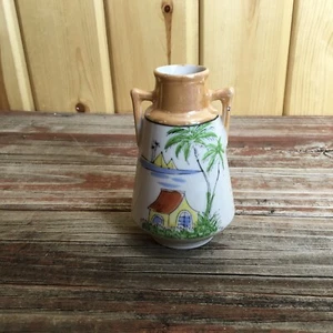 Japan Lusterware Vase With Hut Tree And Water Orange And White D43 - Picture 1 of 6