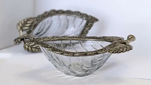 Vintage Cut Art Glass Pewter Acorn Oak Leaf Sweets Dish Pair - Picture 1 of 11