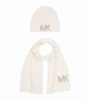 NWT New MICHAEL KORS Dome Studded Scarf & Hat Set Cream Knit - Image 1 of 4