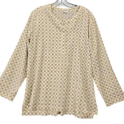 Van Heusen 棕褐色花卉衬衫透明长袖圆领衬衫女式 L 码 — 第 1/4 张图片