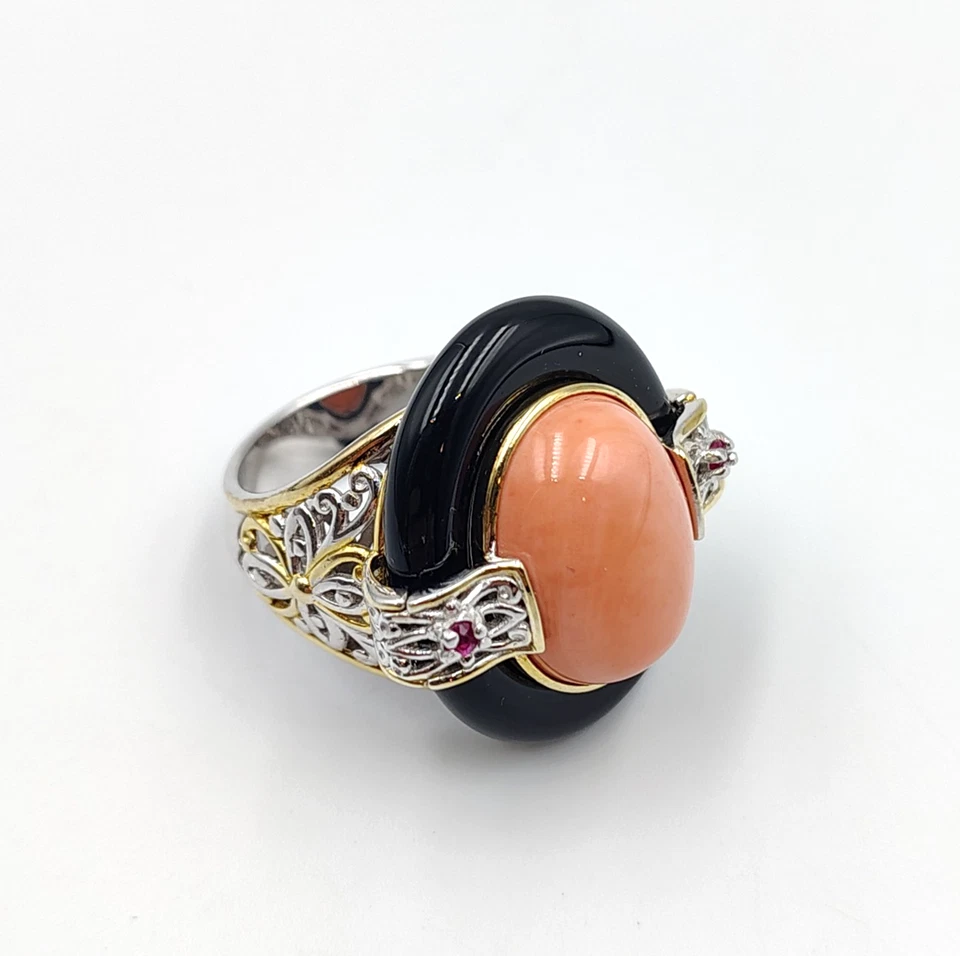 Anillo Michael Valitutti Gemas En Vogue Plata de Ley 925 Coral Ónix Granate Talla 7 Foto 1 de 1