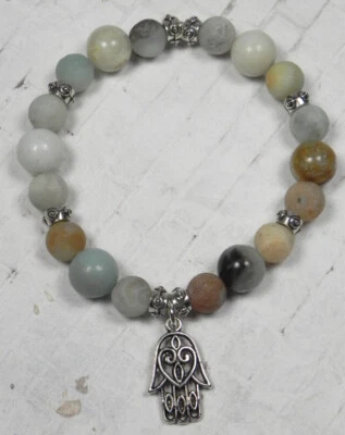 Brazalete elástico multicolor espaciador de manos Hamsa plateado amazonita hecho a mano 7" nuevo Foto 1 de 4