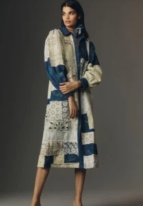 Anthropologie Let Me Be Denim Patchwork Shirt Dress Coat Lace Blue Motif S NEW - Picture 1 of 5