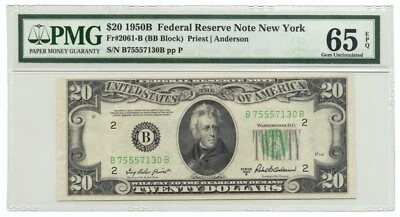 U.S. 1950-B $20 FEDERAL RESERVE NOTE. NEW YORK. FR#2061-B (BB BLOCK). PMG-65EPQ. - Image 1 of 2