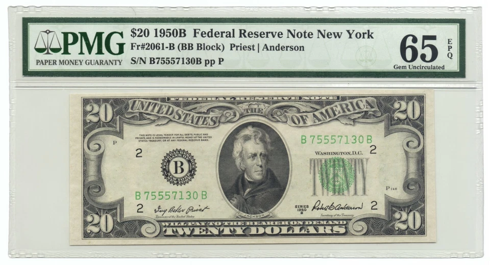 U.S. 1950-B $20 FEDERAL RESERVE NOTE. NEW YORK. FR#2061-B (BB BLOCK). PMG-65EPQ. - Image 1 of 2
