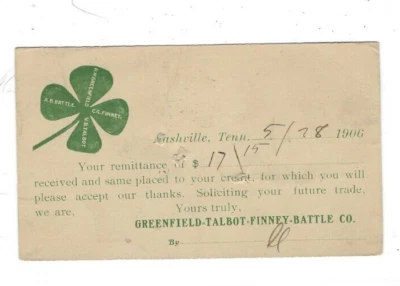 1906 UX18 Postal Card, Jackson TN, Green Advertising, Four Leaf Clover - Image 1 of 2