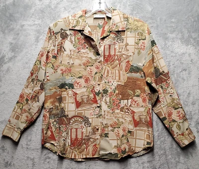 Top Le Caviar Mujer Pequeña Blusa Tela Abotonada Manga Larga Caballo Tren Viaje Foto 1 de 4