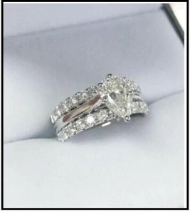 925 Sterling Silver Pear Cut Simulated Diamond Bridal Ring 14K White Gold Plated - Picture 1 of 5