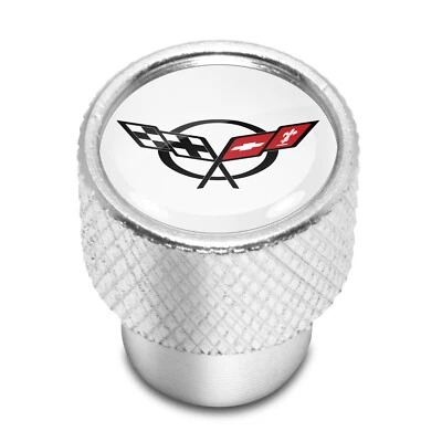 Chevrolet Corvette C5 Logo White on Shining Silver Aluminum Tire Valve Stem Caps - Image 1 of 4