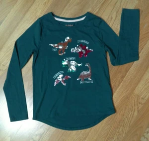 Cat & Jack Girl Sequin Dinosaurs Dark Green Long Sleeve Shirt Youth M 7/8 - Picture 1 of 8