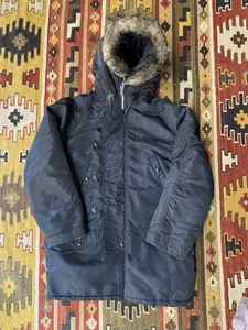 Vintage Military Flying Jacket Type N-3B Parka Blue Size Small Fur Hood Coat - Picture 1 of 10