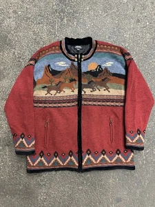 Vintage Isländische Designs Atlandia Wollmischung Southwestern Strickjacke Gr. M Pferde Reißverschluss - Bild 1 von 7