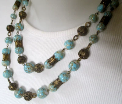 Ancien collier vieil or 2 rangs Perles vraies Turquoise naturelle bijou 1815 - Photo 1/4