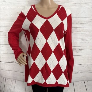 Tommy Hilfiger Preppy Argyle Sweater Large Red White Silver Diamond Pattern - Picture 1 of 13