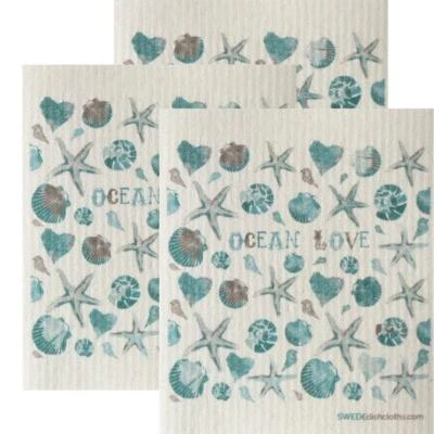 SWEDEDISHCLOTHS Swedish Dishcloth Set of 3 each Swedish Dishcloths Ocean Love Design