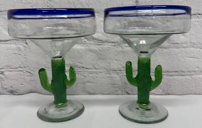 Vasos de Margarita de Cactus Soplados a Mano México Borde Azul Vidrio Burbuja Pesado Rústico 2 Foto 1 de 4