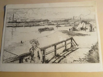 Eugène BÉJOT 1867-1931 ORIGINAL GRAVUR QUAI JAVEL SEINE PARIS IMPRESSIONISMUS - Bild 1 von 4