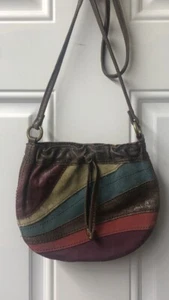 Vintage Fossil Leather Patchwork Stripes Crossbody Bag Purse Boho Chic Small - Picture 1 of 9