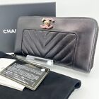 CHANEL Mademoiselle Chevron V-stitch round long wallet Black