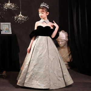 Black Suede Illusion Collared Long Maxi Ball Gown Dress Princess Flower Girl - Picture 1 of 15